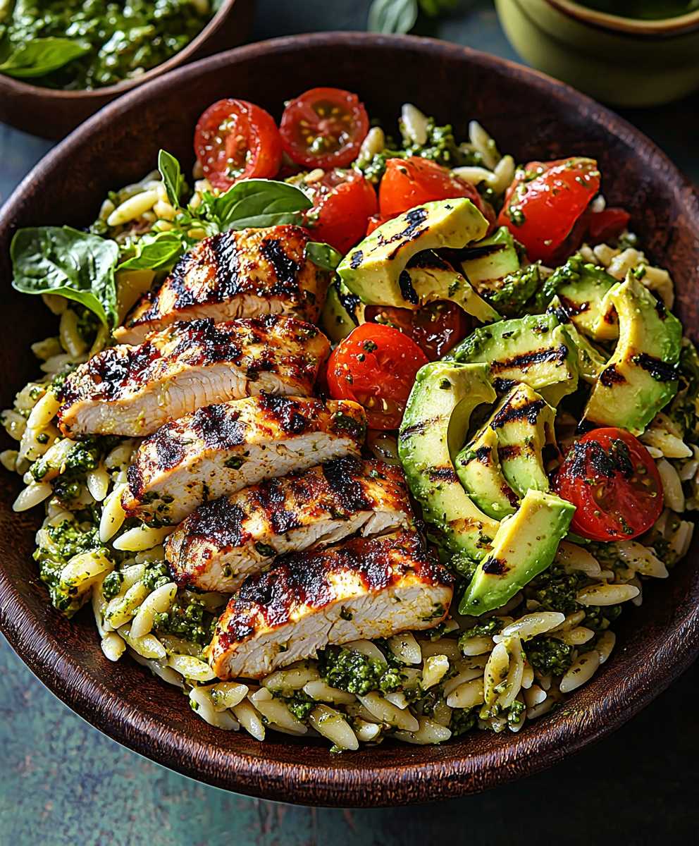 Pesto chicken avocado orzo