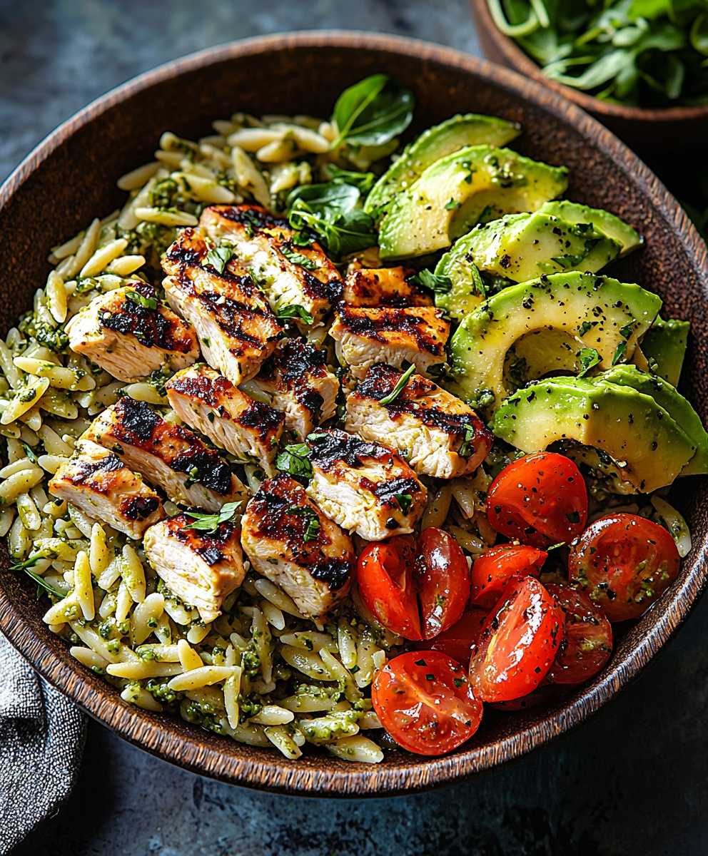 Pesto chicken avocado orzo