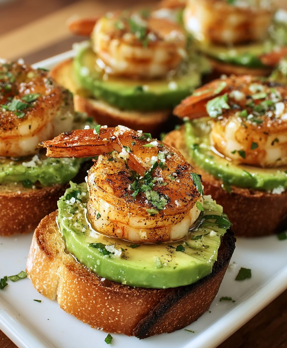 Garlic prawn avocado crostini