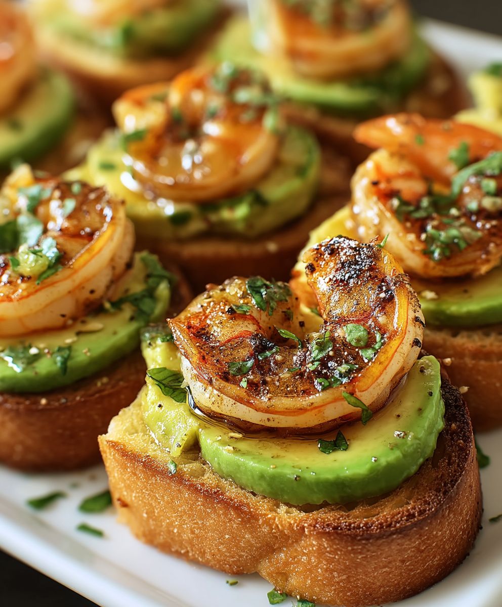 Garlic prawn avocado crostini