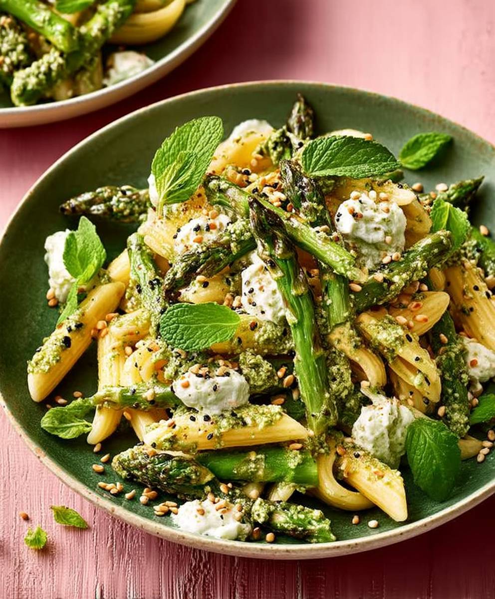 Asparagus pasta mint ricotta pesto