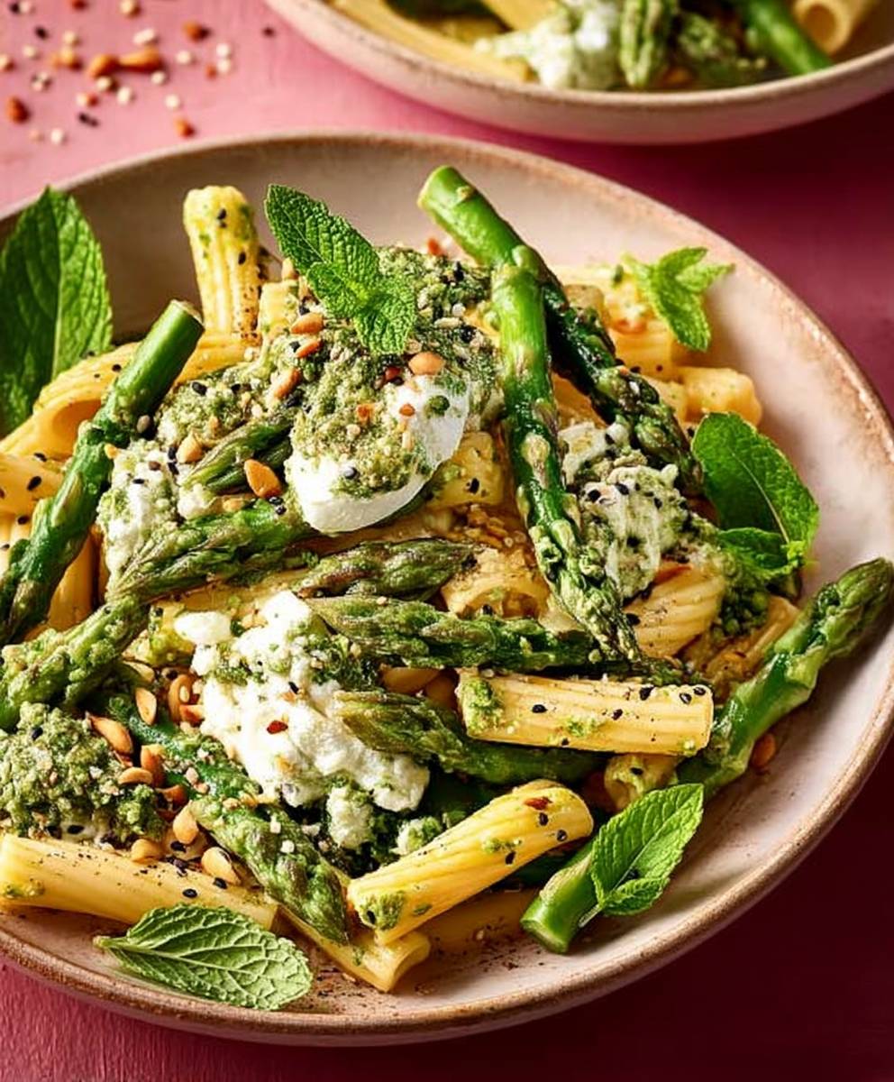 Asparagus pasta mint ricotta pesto