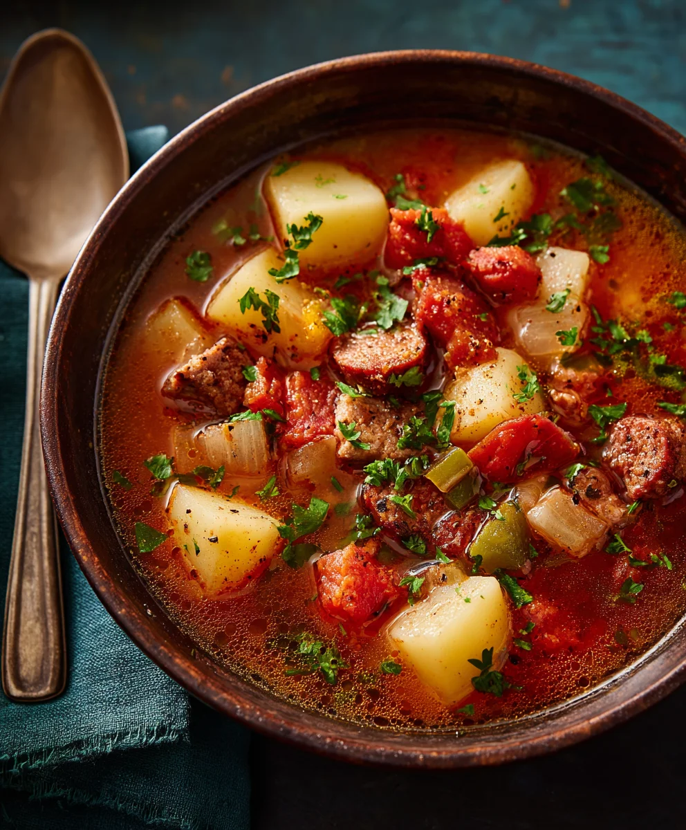 Hearty Spanish Potato Soup featuring Beef Chorizo
