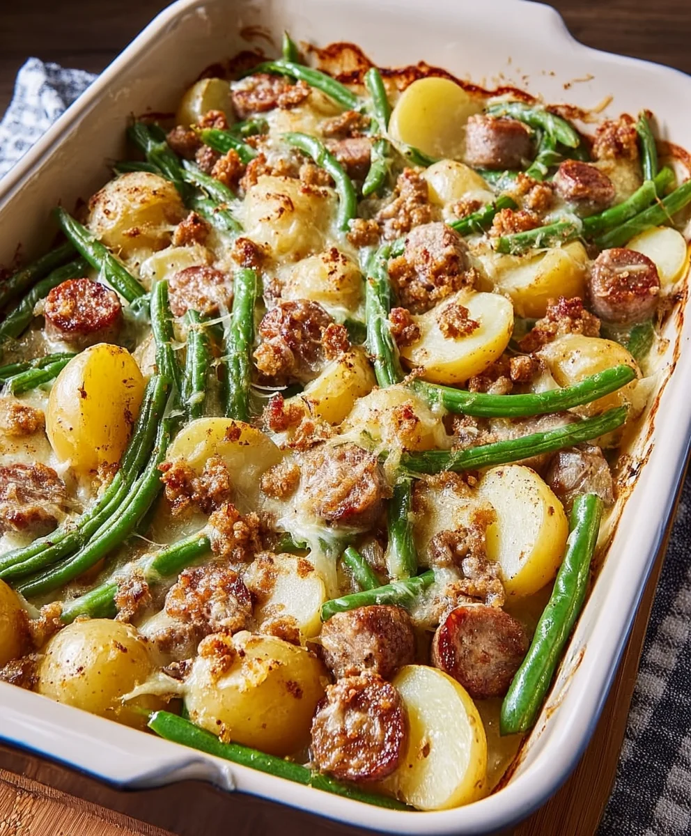Hearty Beef Sausage Green Bean Potato Casserole