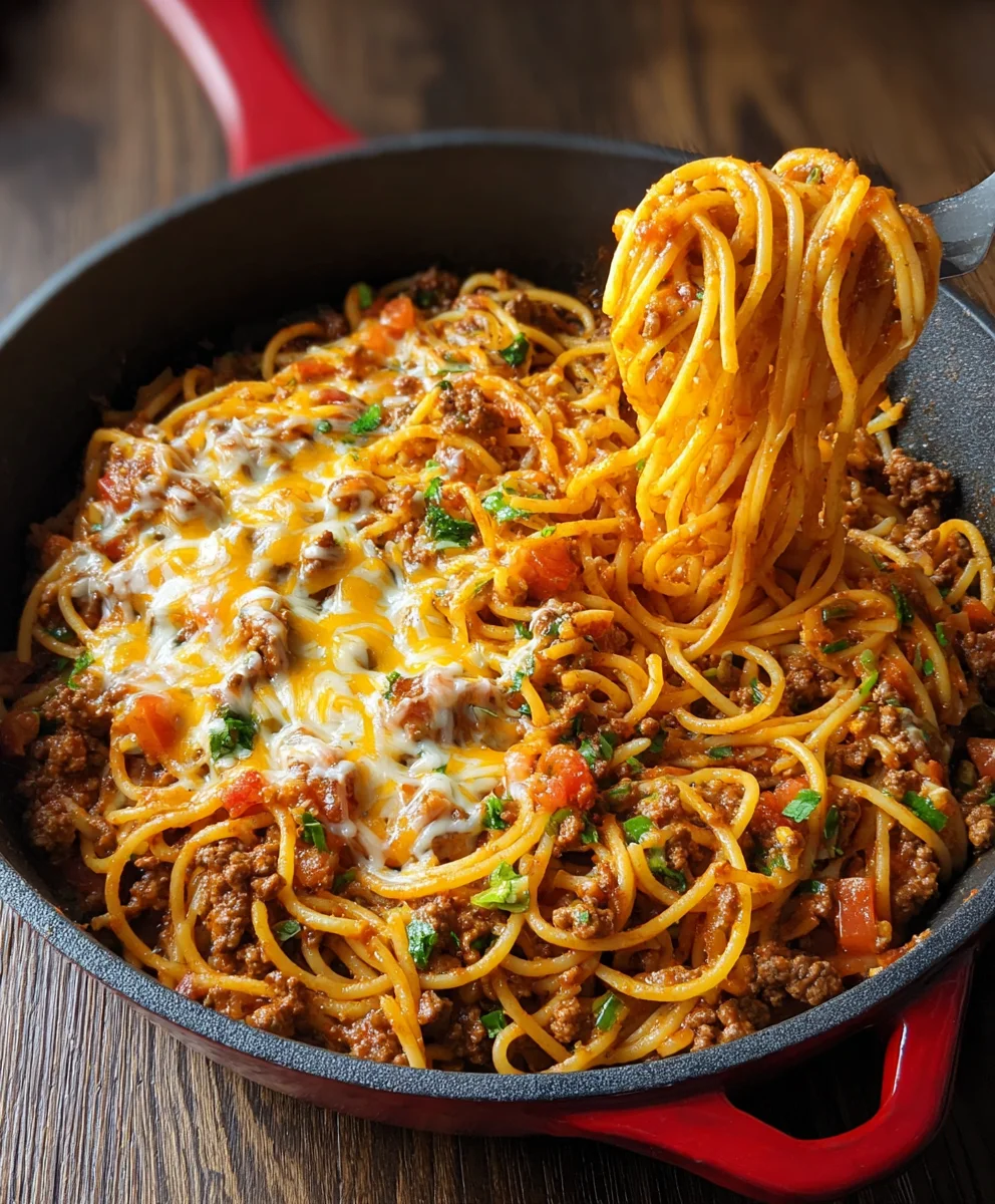 One Pot Beef Taco Spaghetti Recipe - Easy Weeknight Meal!