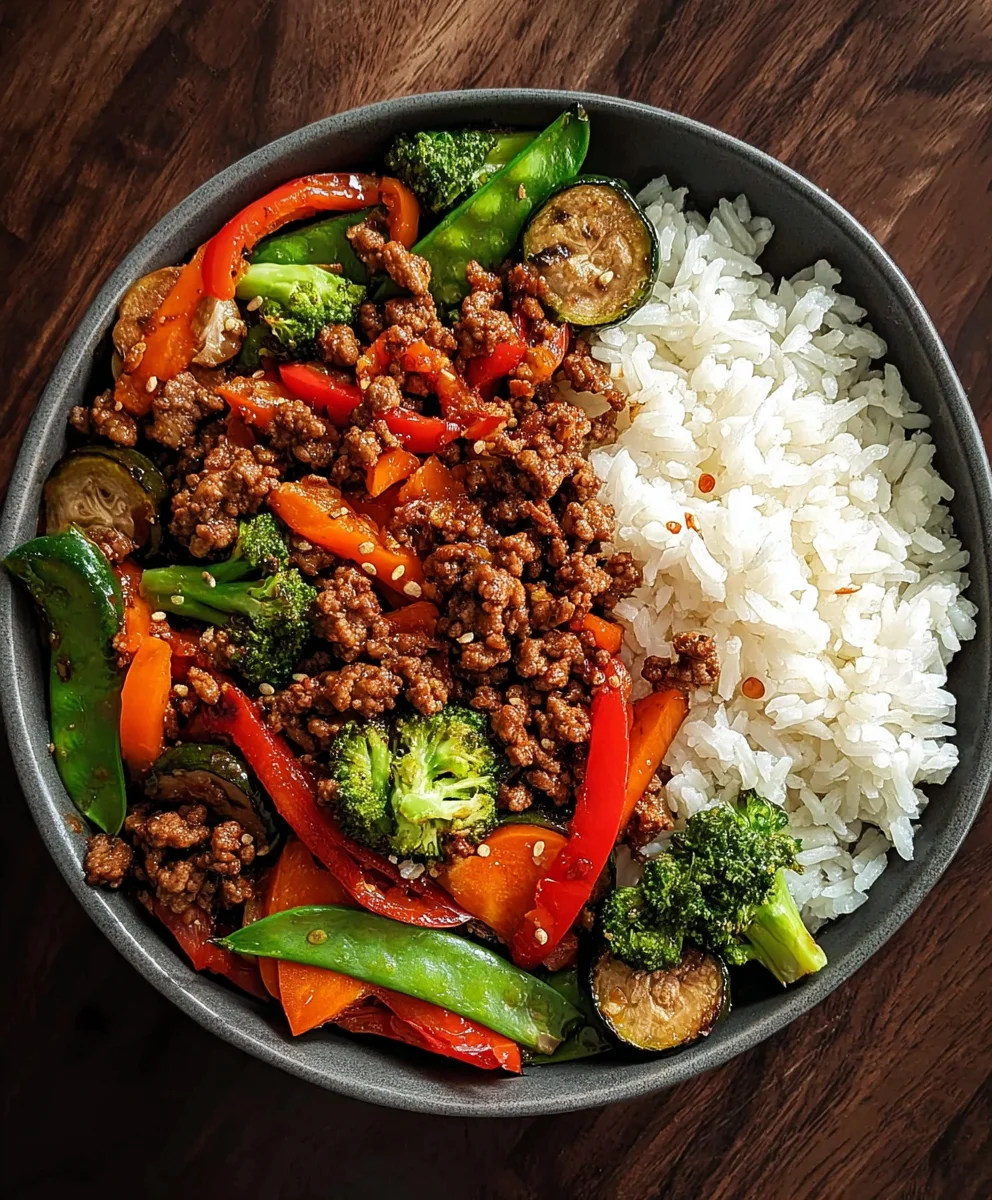 Spicy Ground Beef Stir-Fry Garlic Veggies Steamy Rice