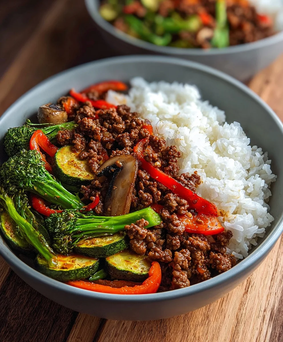 Spicy Ground Beef Stir-Fry Garlic Veggies Steamy Rice