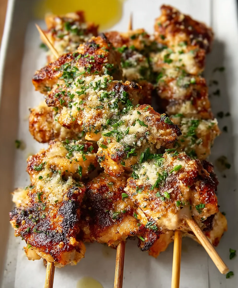Garlic Parmesan Chicken Skewers- Easy & Delicious
