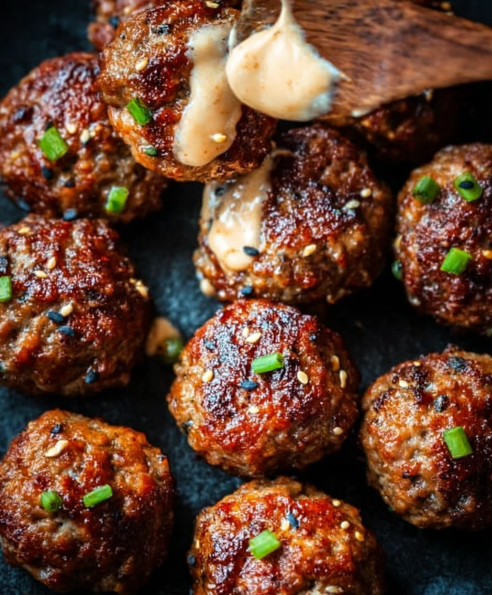 Korean BBQ Beef Meatballs Spicy Mayo Dip