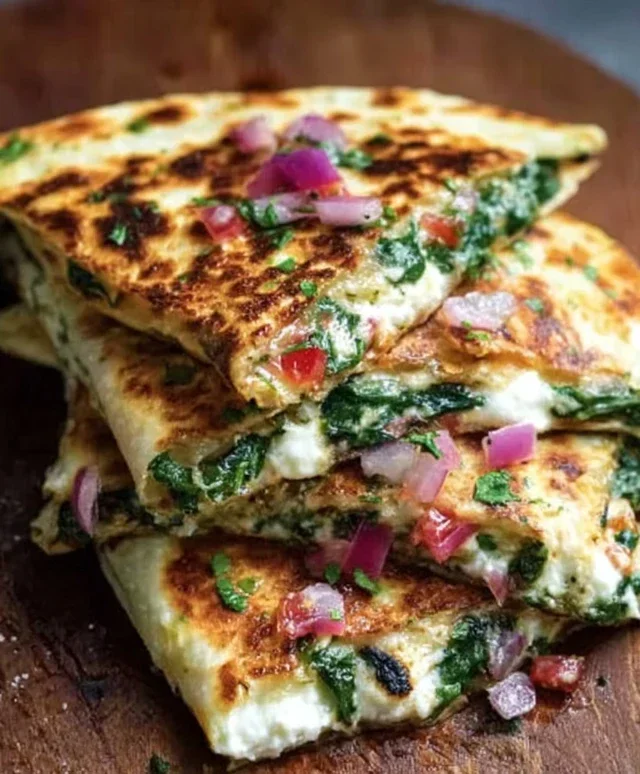 Mediterranean Quesadillas with Spinach, Feta, Mozzarella, and Red Onion