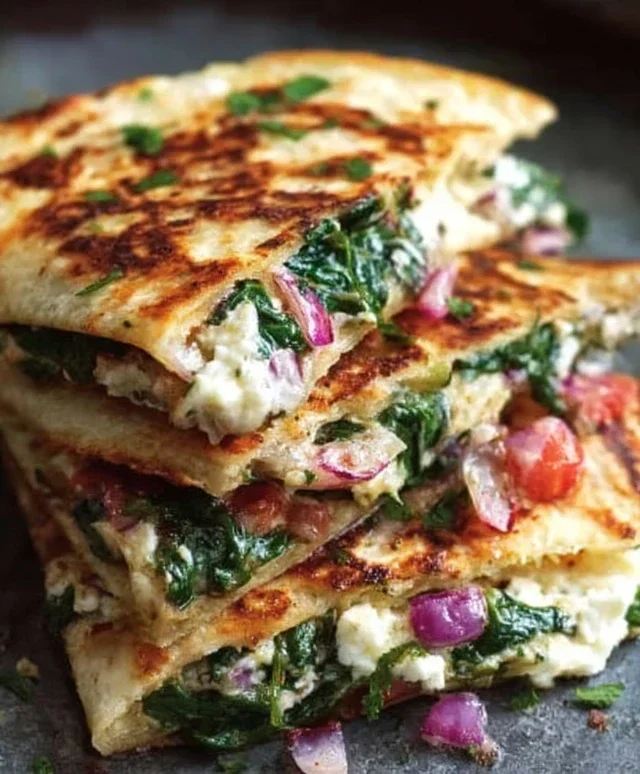 Mediterranean Quesadillas with Spinach, Feta, Mozzarella, and Red Onion