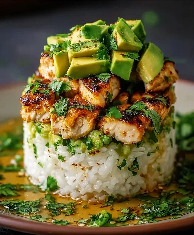 Delicious Honey Lime Chicken & Avocado Rice Stack Recipe