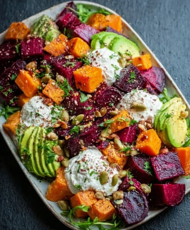 Roasted Beet, Sweet Potato & Avocado Salad with Whipped Ricotta & Lemon-Tahini Drizzle