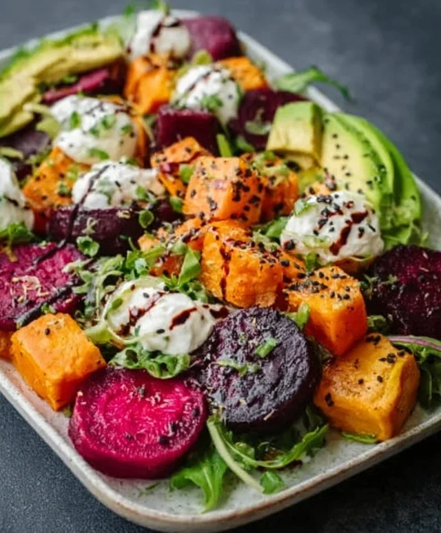 Roasted Beet, Sweet Potato & Avocado Salad with Whipped Ricotta & Lemon-Tahini Drizzle